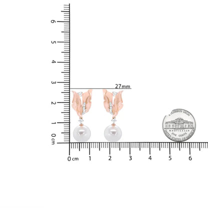 14K Rose Gold 1/6 Cttw Round Diamond and 8mm Round Pearl Floral Drop Stud Earrings (H-I Color, I1-I2 Clarity) - Bijoux-NYC Direct