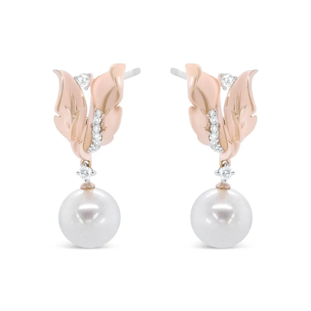 14K Rose Gold 1/6 Cttw Round Diamond and 8mm Round Pearl Floral Drop Stud Earrings (H-I Color, I1-I2 Clarity) - Bijoux-NYC Direct