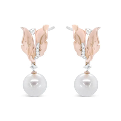 14K Rose Gold 1/6 Cttw Round Diamond and 8mm Round Pearl Floral Drop Stud Earrings (H-I Color, I1-I2 Clarity) - Bijoux-NYC Direct