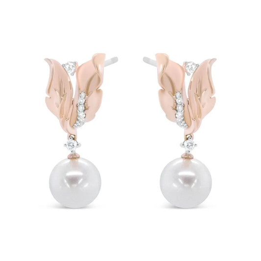 14K Rose Gold 1/6 Cttw Round Diamond and 8mm Round Pearl Floral Drop Stud Earrings (H-I Color, I1-I2 Clarity) - Bijoux-NYC Direct