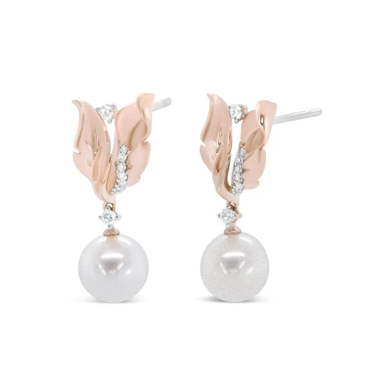 14K Rose Gold 1/6 Cttw Round Diamond and 8mm Round Pearl Floral Drop Stud Earrings (H-I Color, I1-I2 Clarity) - Bijoux-NYC Direct