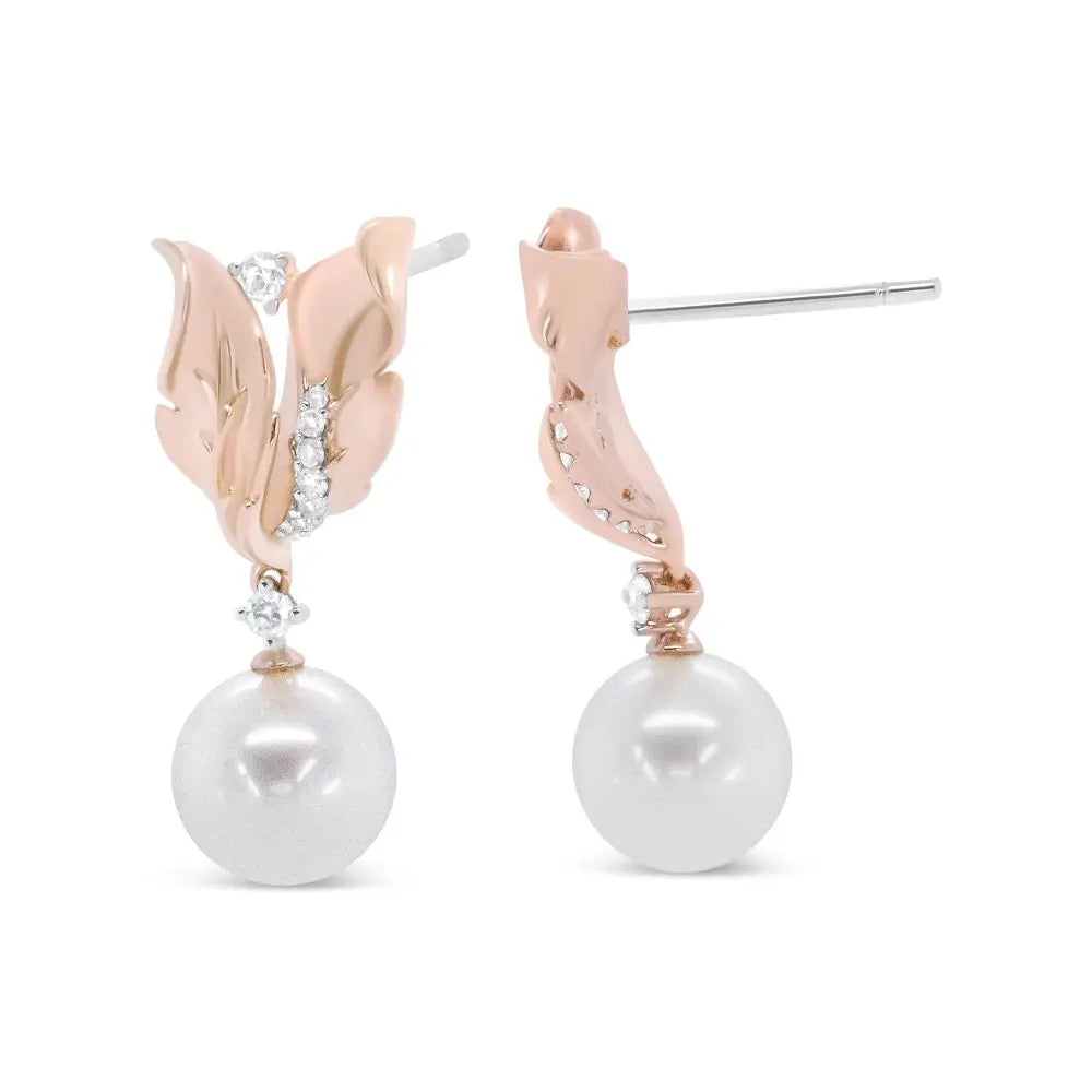 14K Rose Gold 1/6 Cttw Round Diamond and 8mm Round Pearl Floral Drop Stud Earrings (H-I Color, I1-I2 Clarity) - Bijoux-NYC Direct