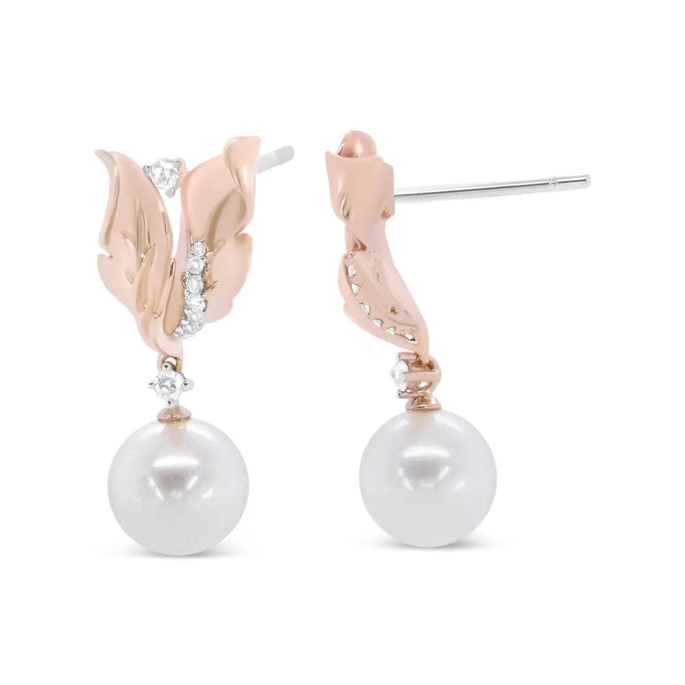 14k rose gold 1/6 cttw diamond and 8mm pearl floral drop earrings bijoux-nyc direct
