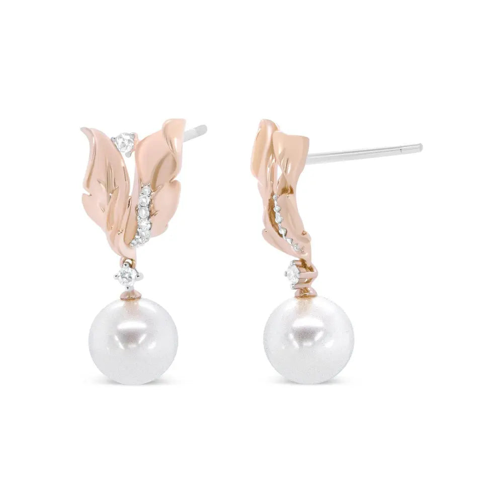 14K Rose Gold 1/6 Cttw Round Diamond and 8mm Round Pearl Floral Drop Stud Earrings (H-I Color, I1-I2 Clarity) - Bijoux-NYC Direct