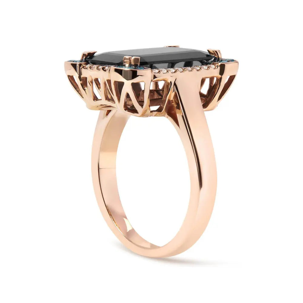 14K Rose Gold 15x10 MM Emerald-Cut Black Onyx and 1/5 Cttw Blue and White Diamond Halo Cocktail Ring (G-H Color, SI1-SI2 Clarity)- Size 7 - Bijoux-NYC Direct