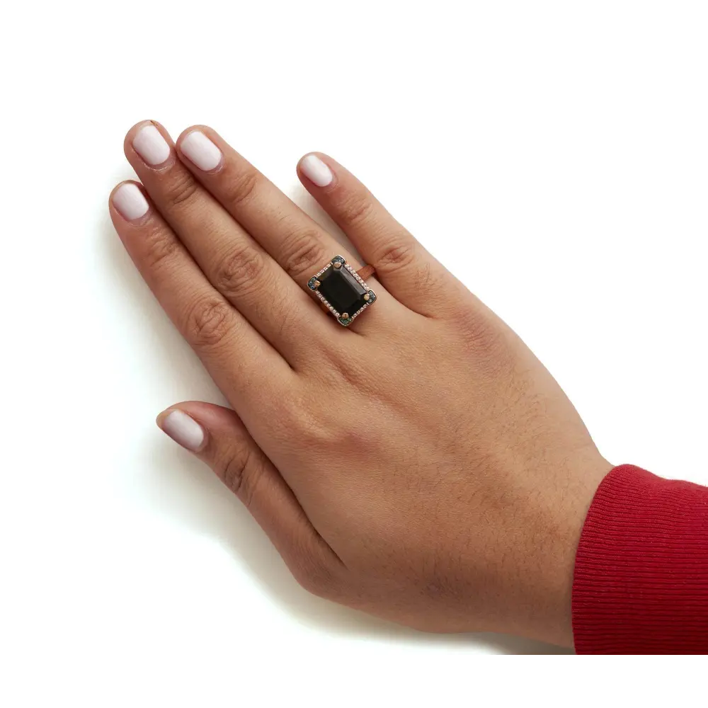 14K Rose Gold 15x10 MM Emerald-Cut Black Onyx and 1/5 Cttw Blue and White Diamond Halo Cocktail Ring (G-H Color, SI1-SI2 Clarity)- Size 7 - Bijoux-NYC Direct