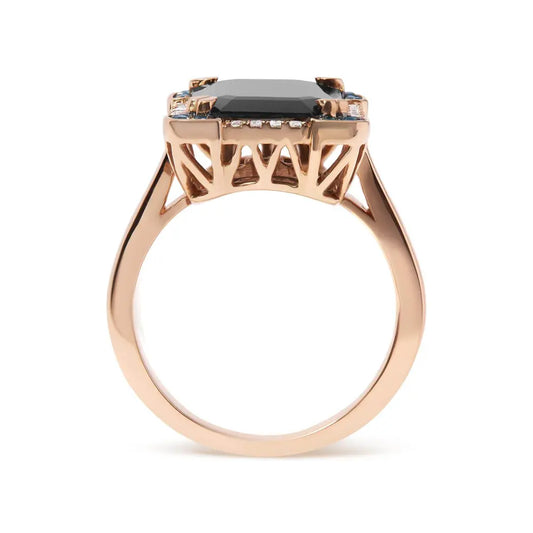 14K Rose Gold 15x10 MM Emerald-Cut Black Onyx and 1/5 Cttw Blue and White Diamond Halo Cocktail Ring (G-H Color, SI1-SI2 Clarity)- Size 7 - Bijoux-NYC Direct