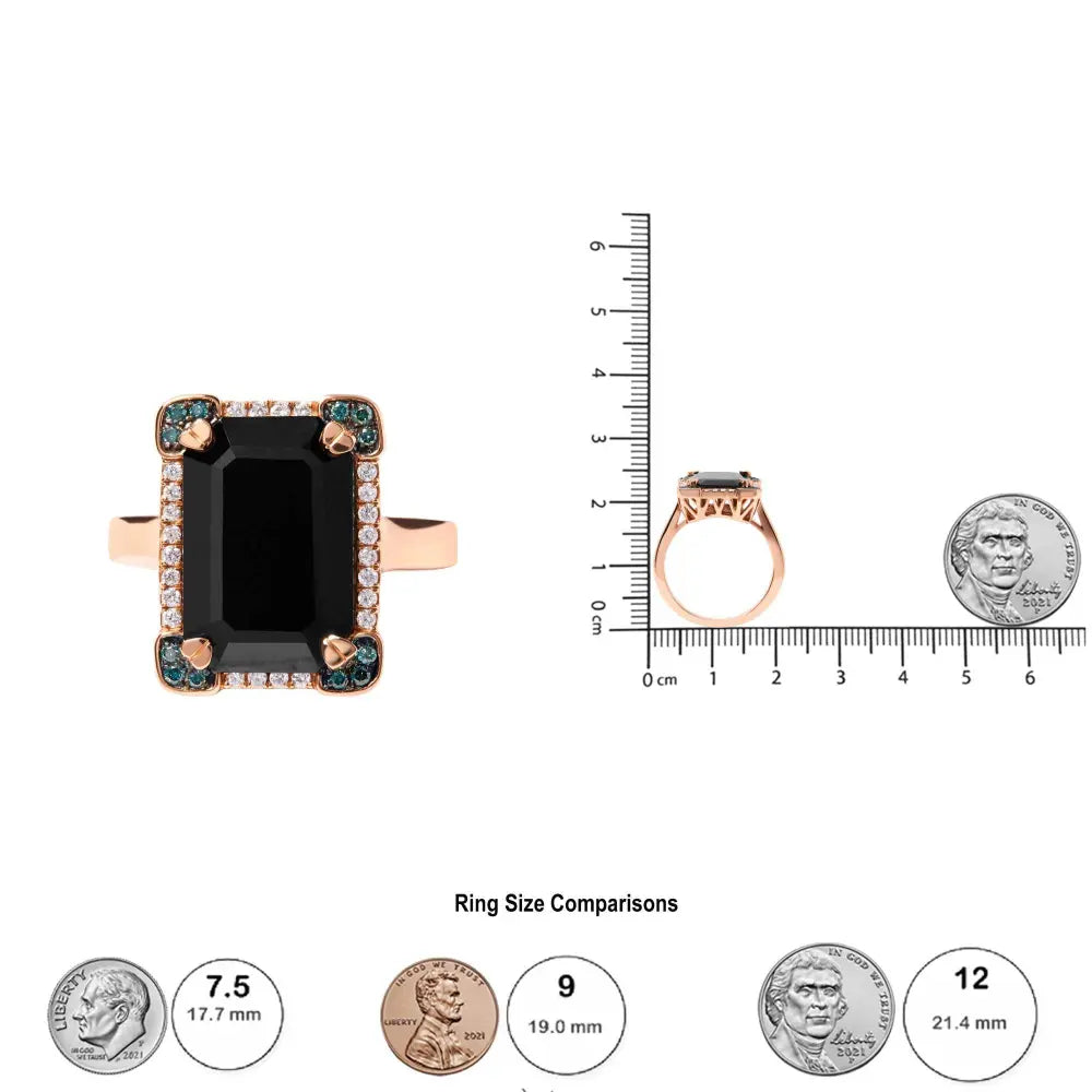 14K Rose Gold 15x10 MM Emerald-Cut Black Onyx and 1/5 Cttw Blue and White Diamond Halo Cocktail Ring (G-H Color, SI1-SI2 Clarity)- Size 7 - Bijoux-NYC Direct