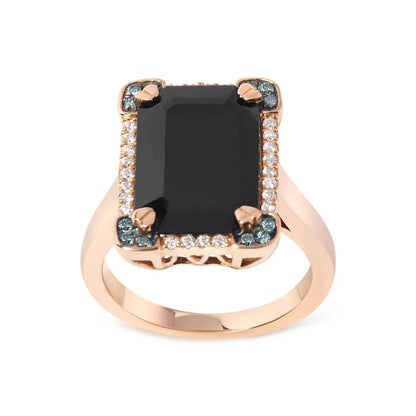 14K Rose Gold 15x10 MM Emerald-Cut Black Onyx and 1/5 Cttw Blue and White Diamond Halo Cocktail Ring (G-H Color, SI1-SI2 Clarity)- Size 7 - Bijoux-NYC Direct