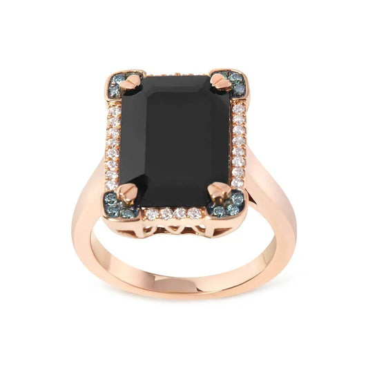 14K Rose Gold 15x10 MM Emerald-Cut Black Onyx and 1/5 Cttw Blue and White Diamond Halo Cocktail Ring (G-H Color, SI1-SI2 Clarity)- Size 7 - Bijoux-NYC Direct