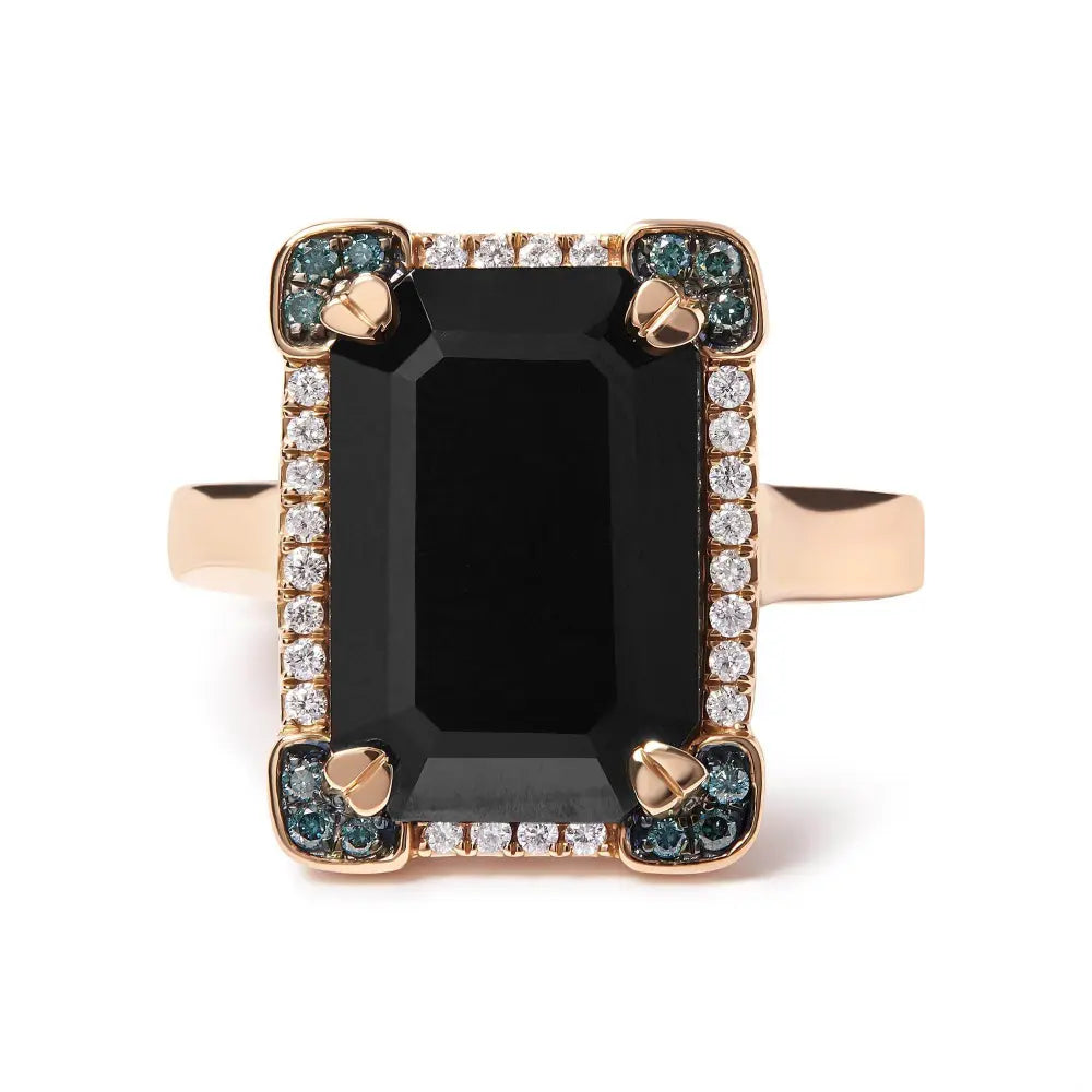 14K Rose Gold 15x10 MM Emerald-Cut Black Onyx and 1/5 Cttw Blue and White Diamond Halo Cocktail Ring (G-H Color, SI1-SI2 Clarity)- Size 7 - Bijoux-NYC Direct