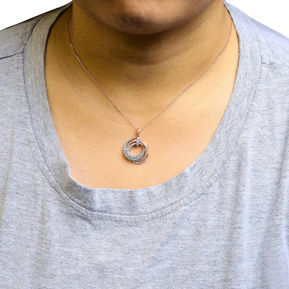 14k rose gold 3/4 cttw brown and white diamond interlocking circle hoop 18’’ inch pendant necklace (g h color si2 i1 clarity)