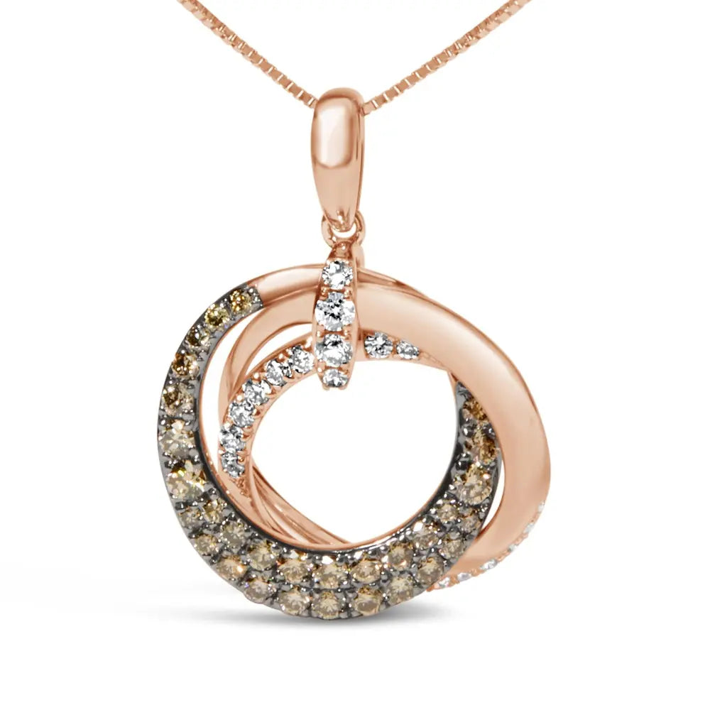 14k rose gold 3/4 cttw brown and white diamond interlocking circle hoop 18’’ inch pendant necklace (g h color si2 i1 clarity)