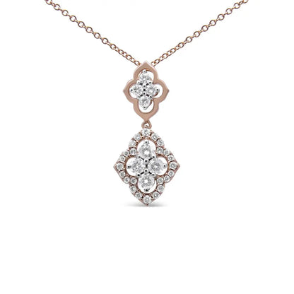 14K Rose Gold 3/4 Cttw Round Diamond Double Quatrefoil Pendant 18" Necklace (H-I Color, I1-I2 Clarity) - Bijoux-NYC Direct