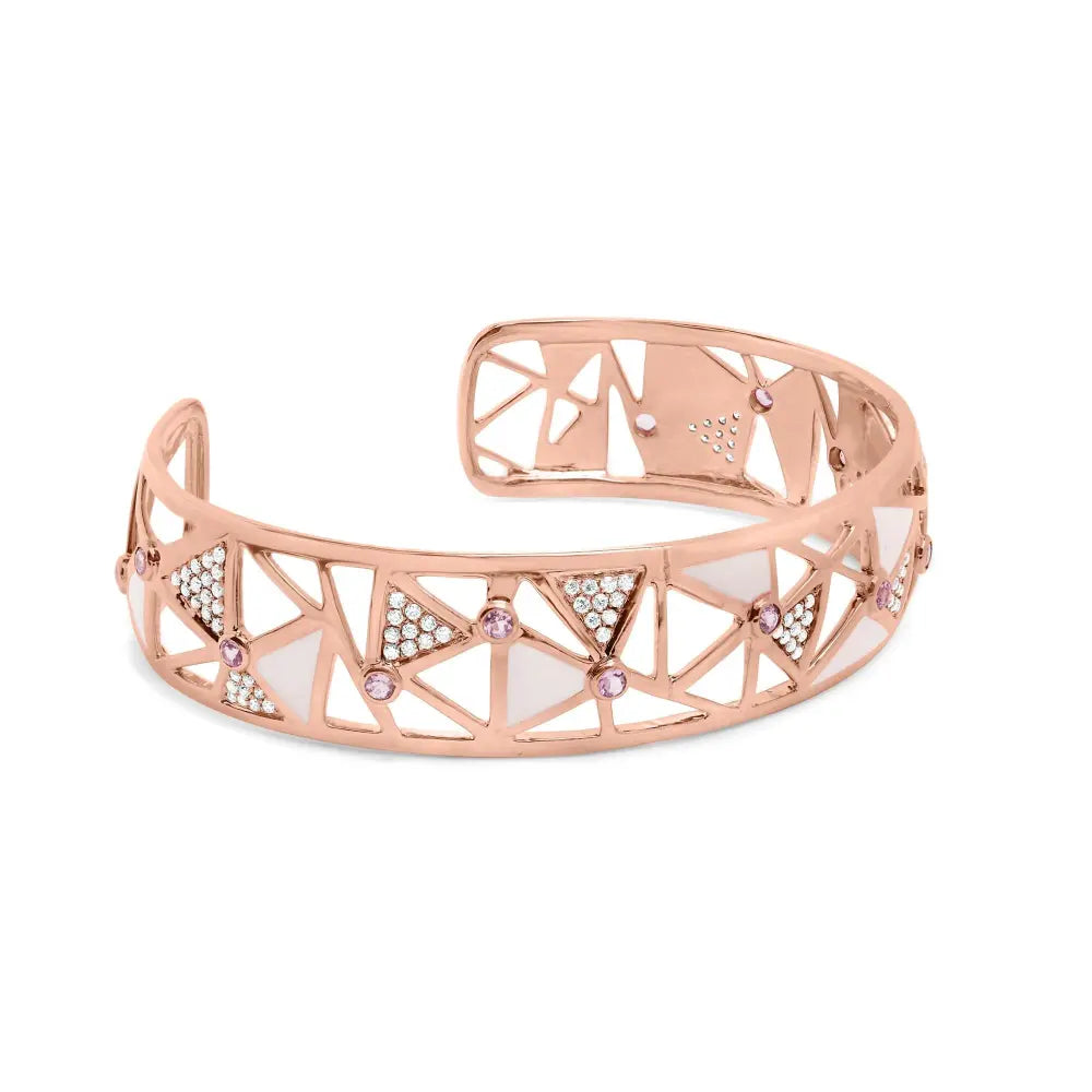 14k rose gold 5/8 cttw diamond with pink tourmaline open cuff bangle white enamel (g h color si1 si2 clarity) 7’’