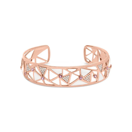 14k rose gold 5/8 cttw diamond with pink tourmaline open cuff bangle white enamel (g h color si1 si2 clarity) 7’’