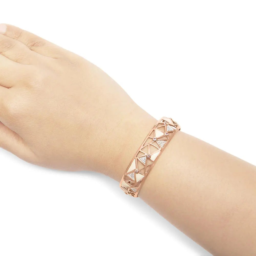 14k rose gold 5/8 cttw diamond with pink tourmaline open cuff bangle white enamel (g h color si1 si2 clarity) 7’’