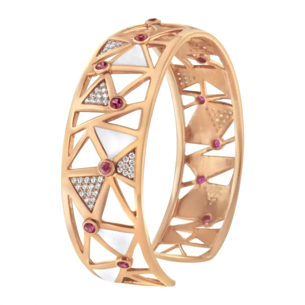 14k rose gold 5/8 cttw diamond with pink tourmaline open cuff bangle white enamel (g h color si1 si2 clarity) 7’’