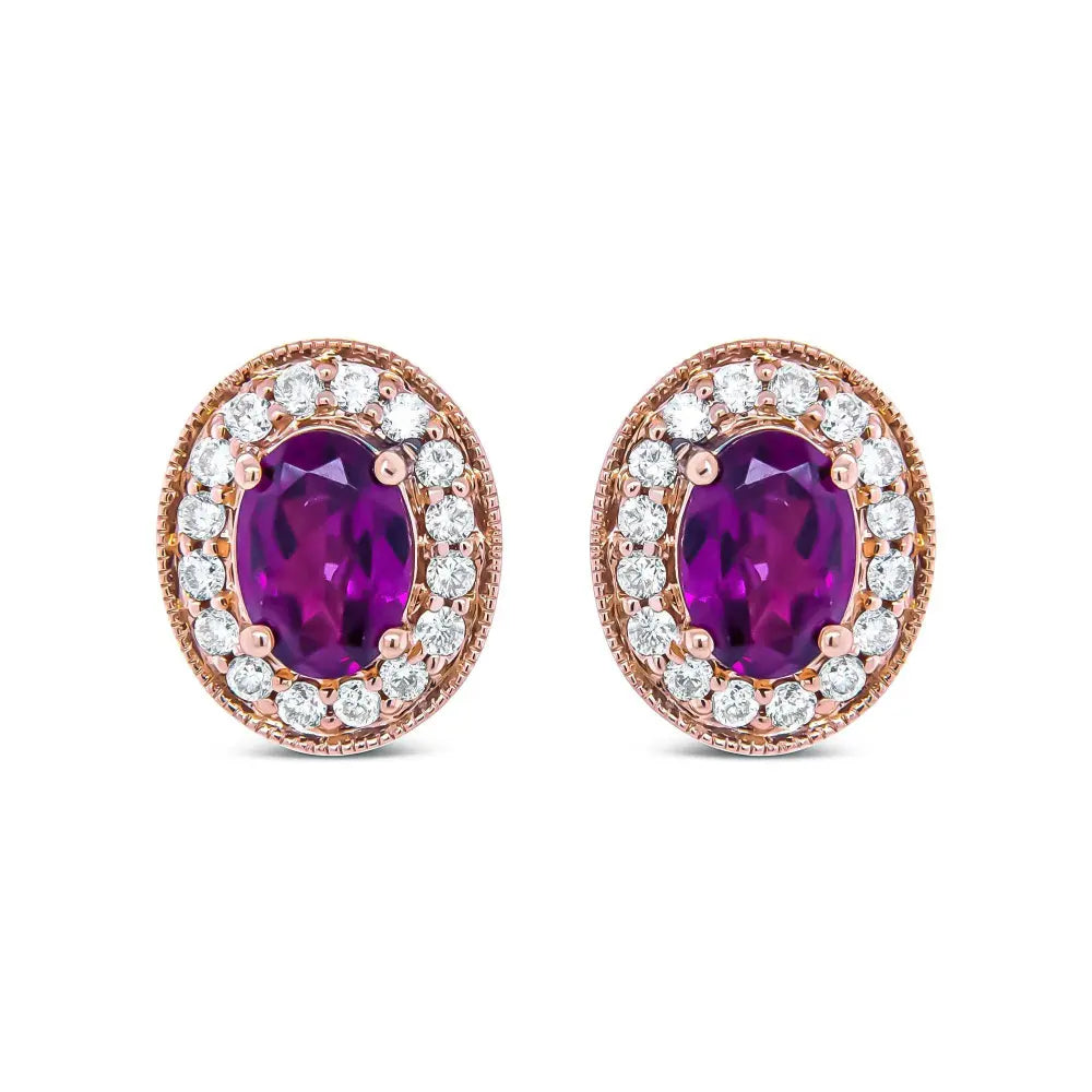 14K Rose Gold 7x5mm Oval Cut Garnet and 3/8 Cttw Round Diamond Halo Stud Earrings (G-H Color, SI1-SI2 Clarity) - Bijoux-NYC Direct