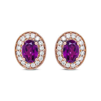 14K Rose Gold 7x5mm Oval Cut Garnet and 3/8 Cttw Round Diamond Halo Stud Earrings (G-H Color, SI1-SI2 Clarity) - Bijoux-NYC Direct