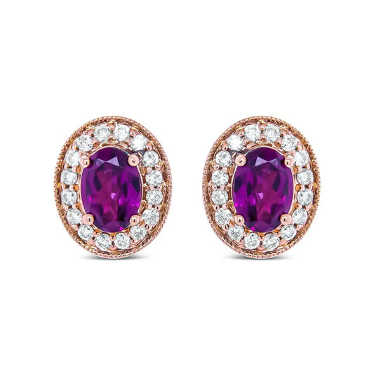 14K Rose Gold 7x5mm Oval Cut Garnet and 3/8 Cttw Round Diamond Halo Stud Earrings (G-H Color, SI1-SI2 Clarity) - Bijoux-NYC Direct