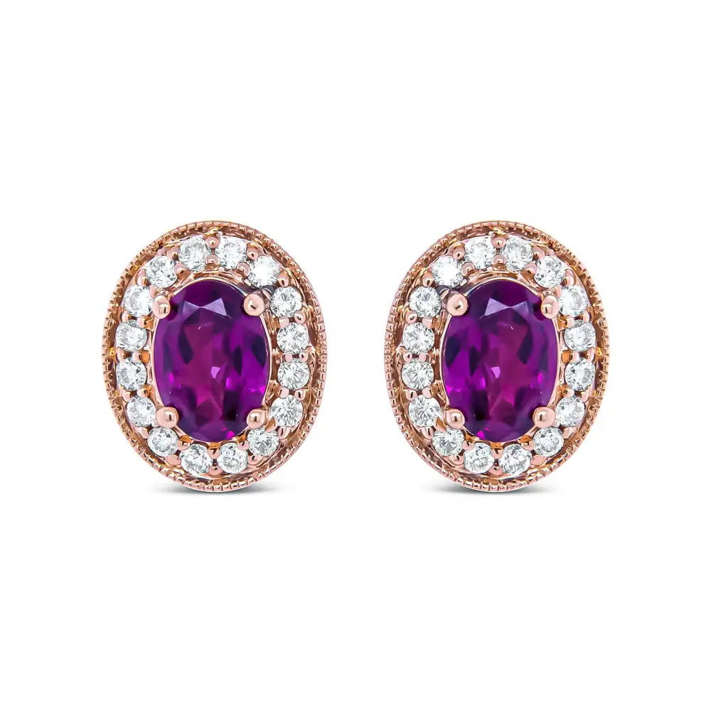 Oval garnet and 3/8 cttw diamond halo stud earrings in 14k rose gold bijoux-nyc direct