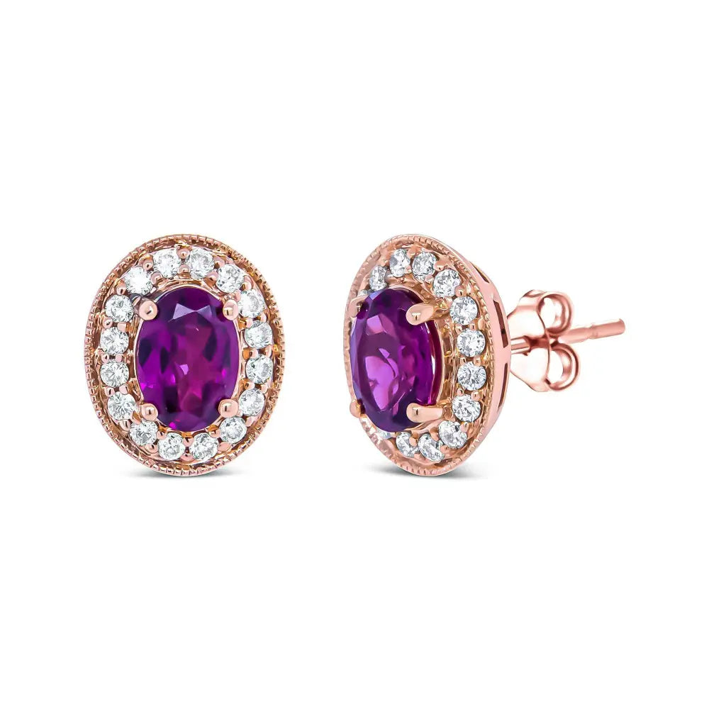 14K Rose Gold 7x5mm Oval Cut Garnet and 3/8 Cttw Round Diamond Halo Stud Earrings (G-H Color, SI1-SI2 Clarity) - Bijoux-NYC Direct