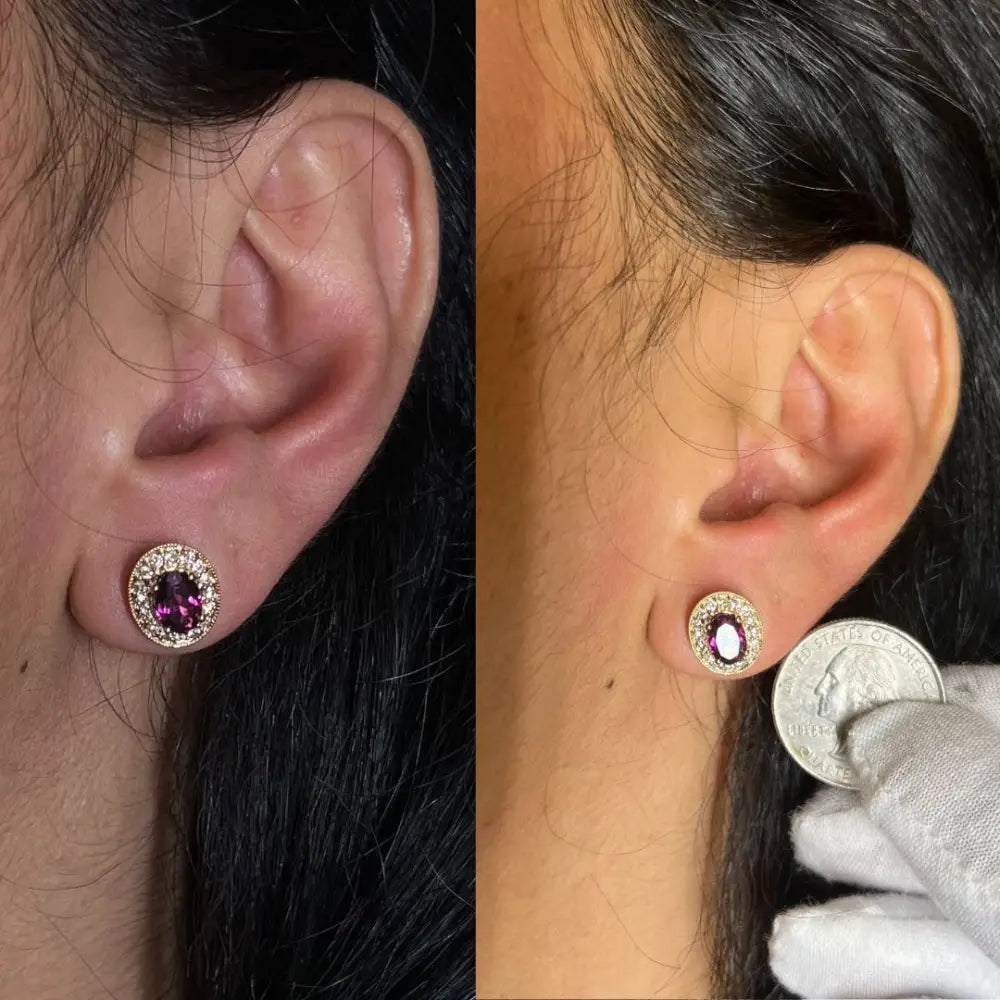 Oval garnet and 3/8 cttw diamond halo stud earrings in 14k rose gold bijoux-nyc direct