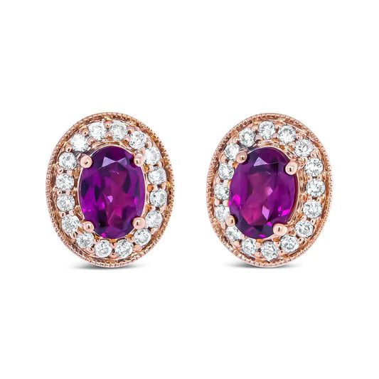 14K Rose Gold 7x5mm Oval Cut Garnet and 3/8 Cttw Round Diamond Halo Stud Earrings (G-H Color, SI1-SI2 Clarity) - Bijoux-NYC Direct
