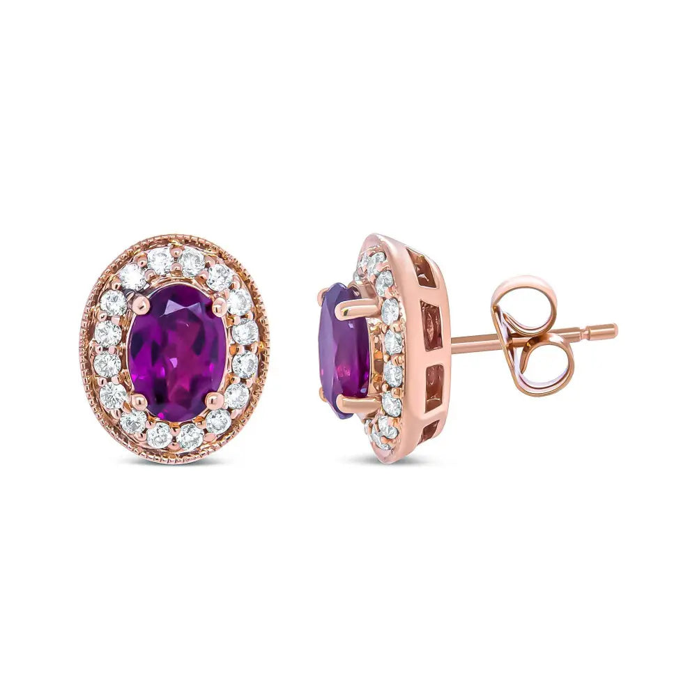14K Rose Gold 7x5mm Oval Cut Garnet and 3/8 Cttw Round Diamond Halo Stud Earrings (G-H Color, SI1-SI2 Clarity) - Bijoux-NYC Direct
