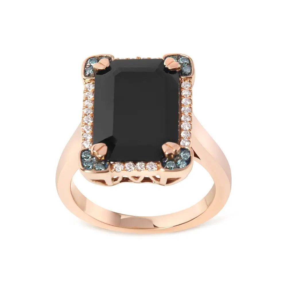 14k rose gold emerald cut black onyx and diamond halo cocktail ring bijoux-nyc direct
