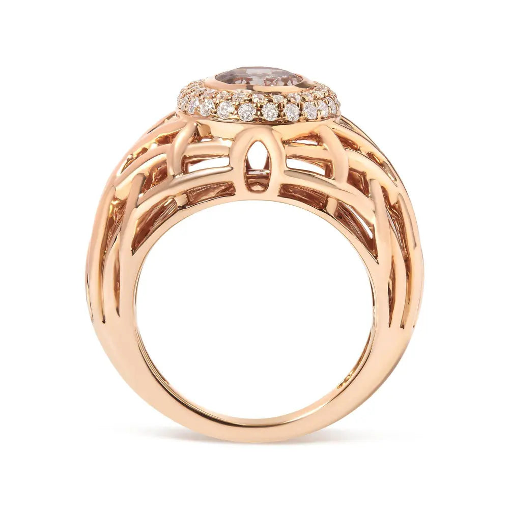 14K Rose Gold Oval Cut Light Pink Morganite and 3/8 Cttw Diamonds Halo and Basket Weave Cocktail Ring (G-H Color, SI1-SI2 Clarity) - Size 7 - Bijoux-NYC Direct