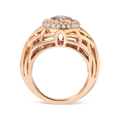 14K Rose Gold Oval Cut Light Pink Morganite and 3/8 Cttw Diamonds Halo and Basket Weave Cocktail Ring (G-H Color, SI1-SI2 Clarity) - Size 7 - Bijoux-NYC Direct