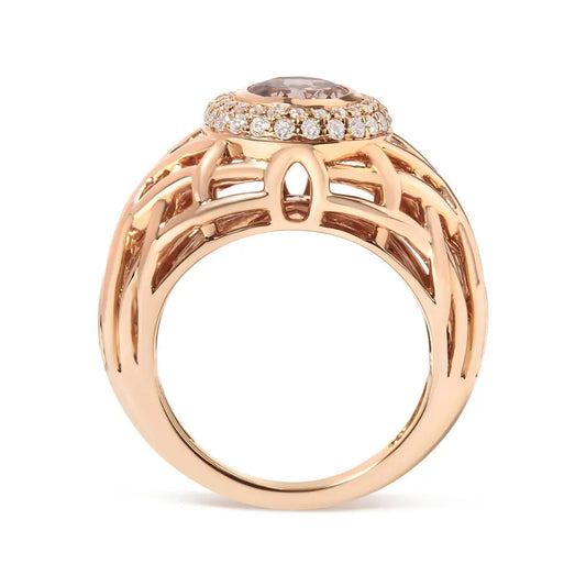 14K Rose Gold Oval Cut Light Pink Morganite and 3/8 Cttw Diamonds Halo and Basket Weave Cocktail Ring (G-H Color, SI1-SI2 Clarity) - Size 7 - Bijoux-NYC Direct
