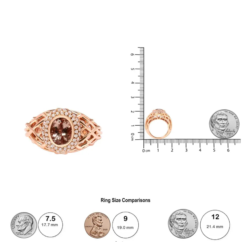 14K Rose Gold Oval Cut Light Pink Morganite and 3/8 Cttw Diamonds Halo and Basket Weave Cocktail Ring (G-H Color, SI1-SI2 Clarity) - Size 7 - Bijoux-NYC Direct