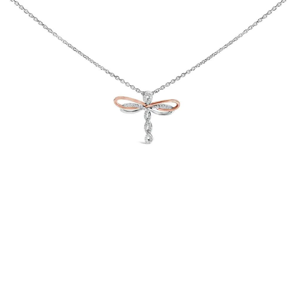 1/10 cttw diamond dragonfly pendant in 14k rose gold plated silver bijoux-nyc direct