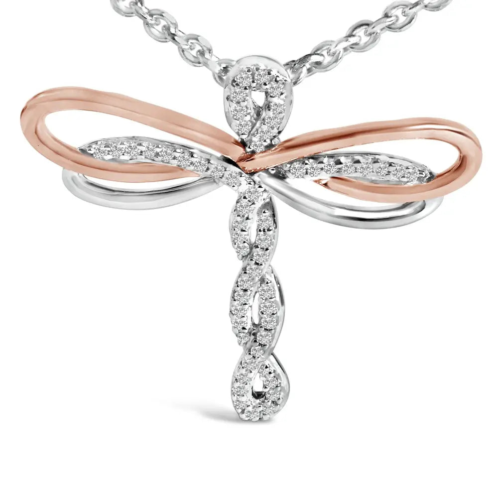 1/10 cttw diamond dragonfly pendant in 14k rose gold plated silver bijoux-nyc direct