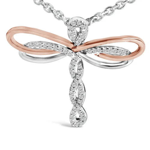 1/10 cttw diamond dragonfly pendant in 14k rose gold plated silver bijoux-nyc direct