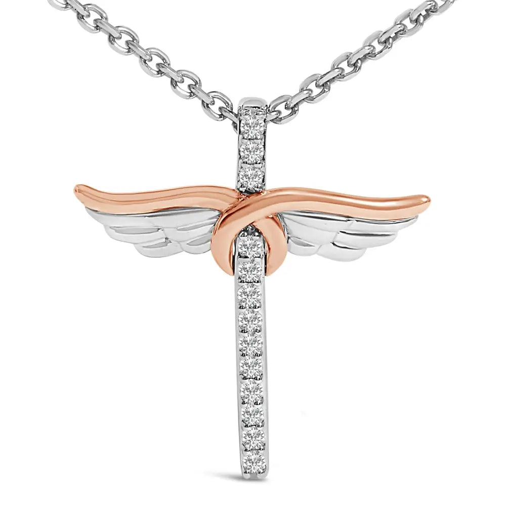 14k rose gold plated sterling silver 1/5 cttw diamond wing cross necklace bijoux-nyc direct