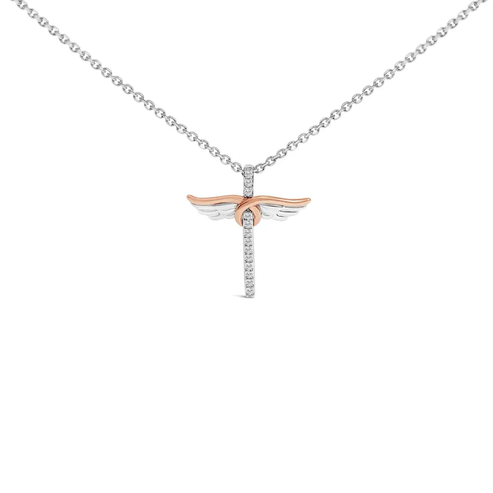 14k rose gold plated sterling silver 1/5 cttw diamond wing cross necklace bijoux-nyc direct