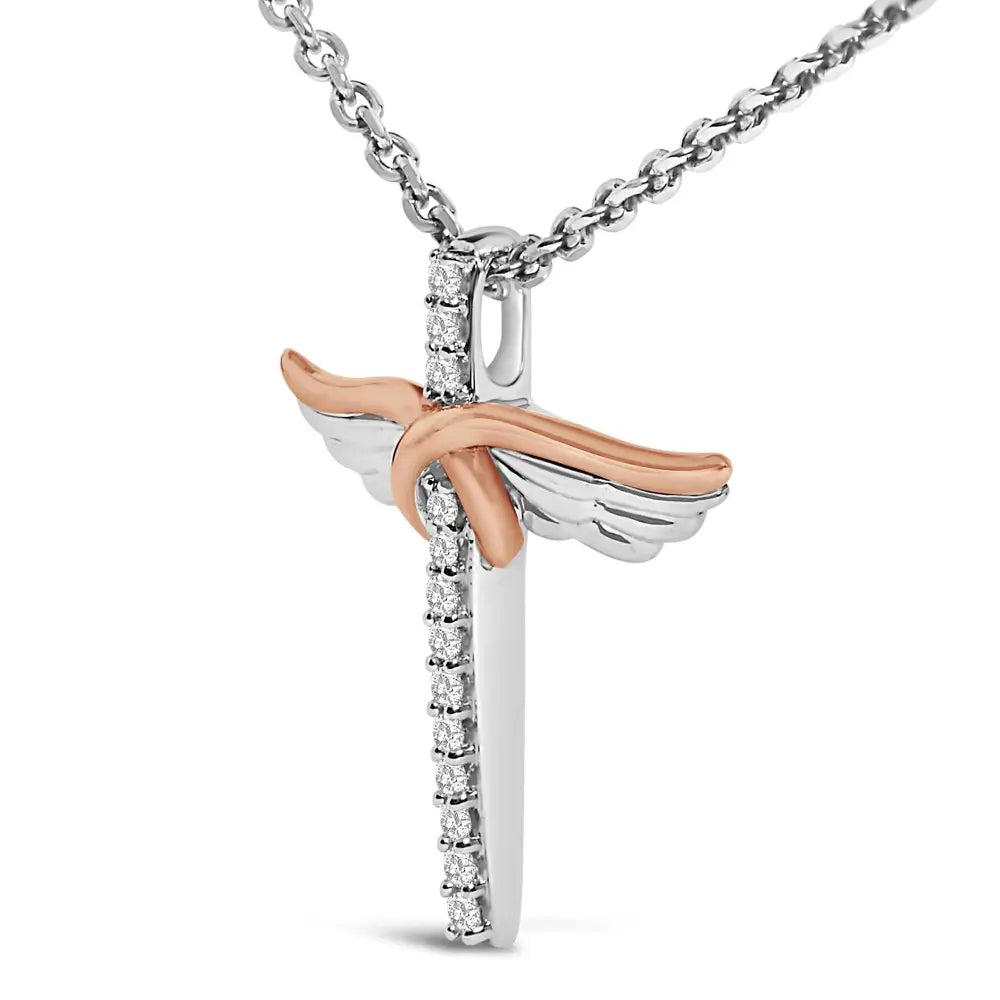 14k rose gold plated sterling silver 1/5 cttw diamond wing cross necklace bijoux-nyc direct