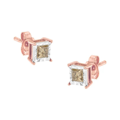 14K Rose Gold Plated Two-Tone .925 Sterling Silver 1/2 Cttw Princess-Cut Square Solitaire Stud Earrings (K-L , I2-I3 ) - Bijoux-NYC Direct