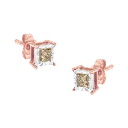 14K Rose Gold Plated Two-Tone .925 Sterling Silver 1/2 Cttw Princess-Cut Square Solitaire Stud Earrings (K-L , I2-I3 ) - Bijoux-NYC Direct
