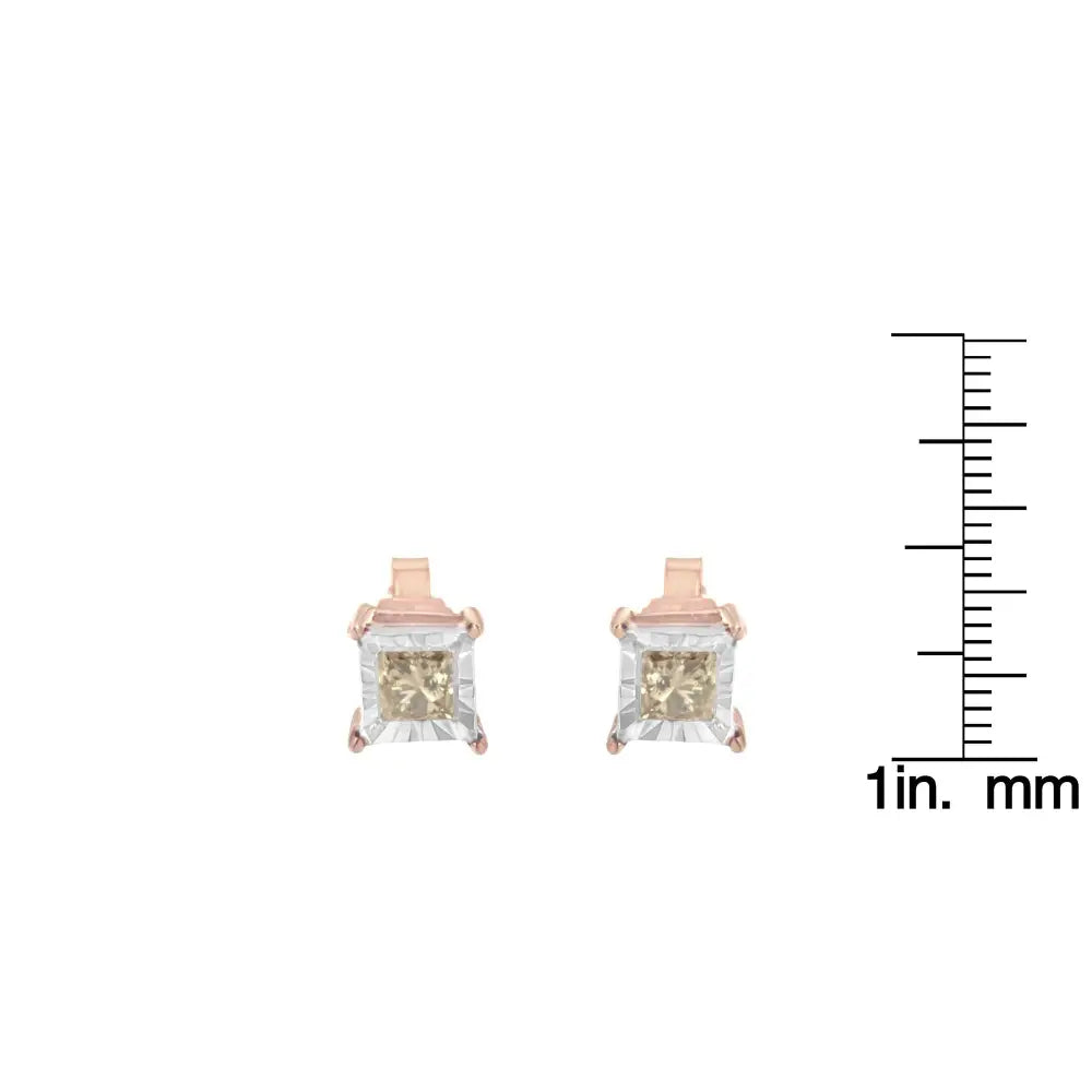 Princess cut diamond miracle-plate stud earrings in rose gold-plated sterling silver – 1/2 cttw bijoux-nyc direct