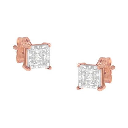 14K Rose Gold Plated Two-Tone .925 Sterling Silver 1/2 Cttw Princess-Cut Diamond Solitaire Stud Earrings (J-K , I2-I3 ) - Bijoux-NYC Direct