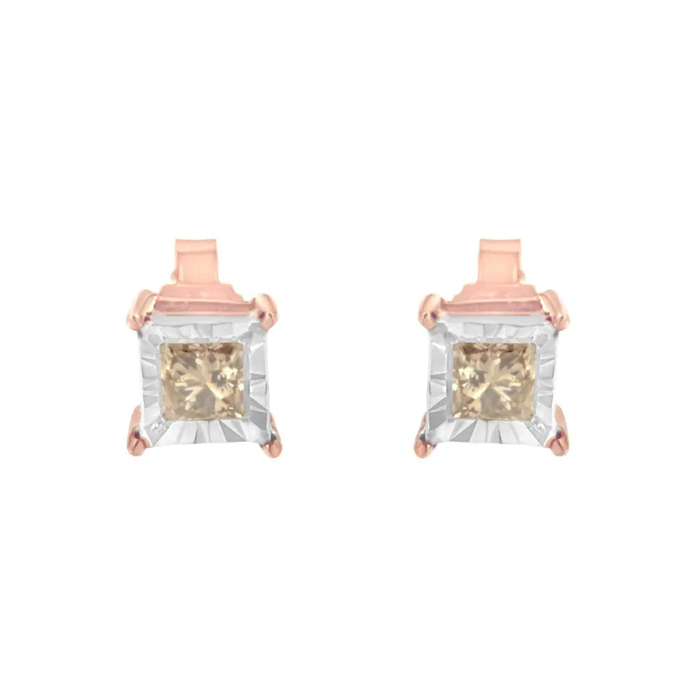 14K Rose Gold Plated Two-Tone .925 Sterling Silver 1/2 Cttw Princess-Cut Square Solitaire Stud Earrings (K-L , I2-I3 ) - Bijoux-NYC Direct