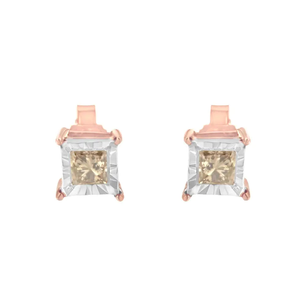 Princess cut diamond miracle-plate stud earrings in rose gold-plated sterling silver – 1/2 cttw bijoux-nyc direct