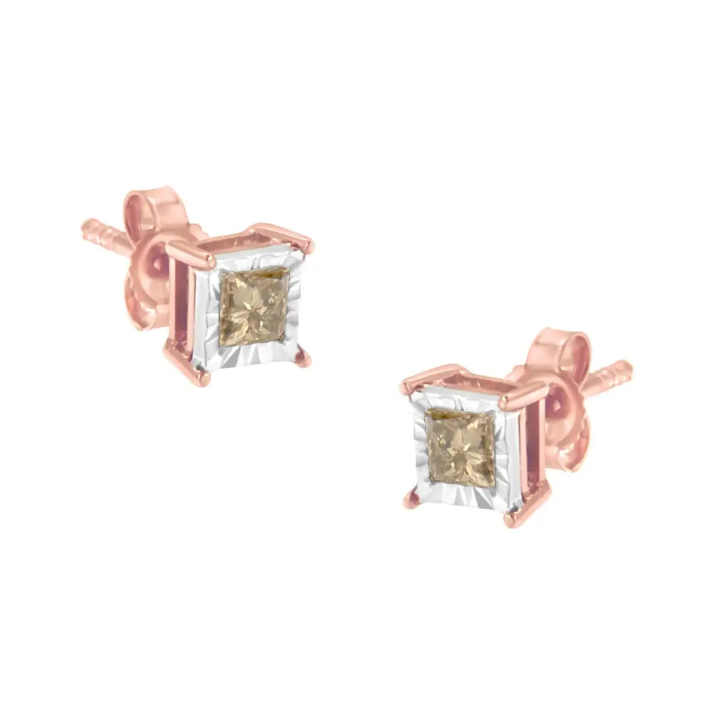 Princess cut diamond miracle-plate stud earrings in rose gold-plated sterling silver – 1/2 cttw bijoux-nyc direct
