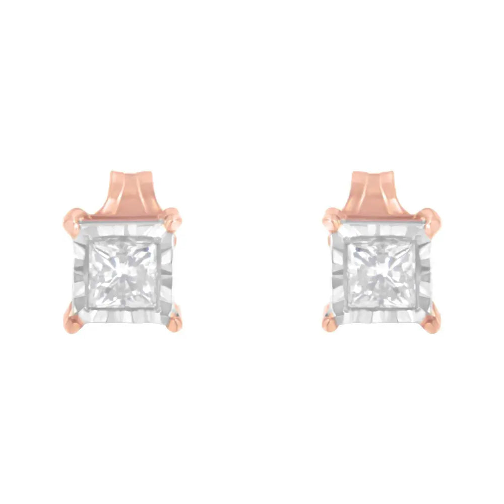 14K Rose Gold Plated Two-Tone .925 Sterling Silver 1/2 Cttw Princess-Cut Diamond Solitaire Stud Earrings (J-K , I2-I3 ) - Bijoux-NYC Direct