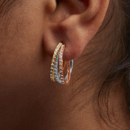 14K Tri-Toned Gold 1/3 Cttw Diamond Triple Hoop Earrings (I-J Color, I2-I3 Clarity) - 22 MM - Bijoux-NYC Direct